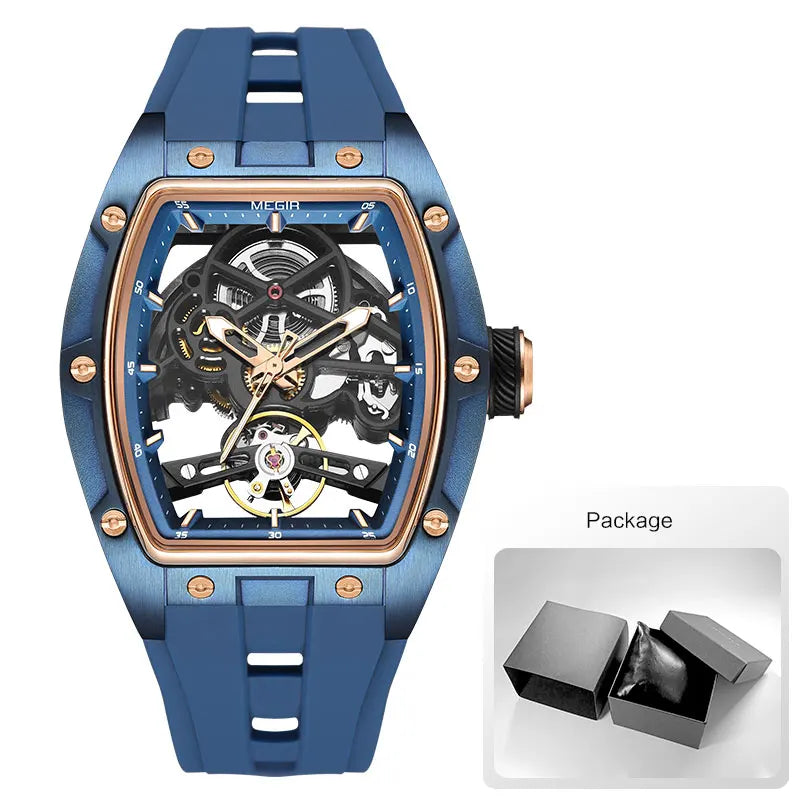 MEGIR Men Wristwatch Fashion Black Waterproof Automatic Mechanical Watch with Luminous Hands Silicone Strap Tonneau Dial 2242
