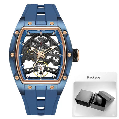 MEGIR Men Wristwatch Fashion Black Waterproof Automatic Mechanical Watch with Luminous Hands Silicone Strap Tonneau Dial 2242