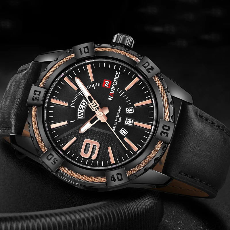 New NAVIFORCE Men's Watch Quartz Waterproof Shockproof Leather Band Wristwatch Fashionable Luxury Business Male Clock NF9117L