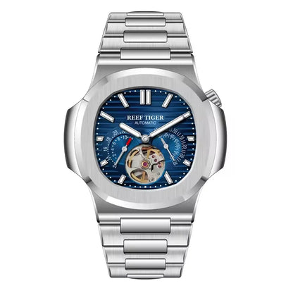 Reef Tiger Men Automatic Watch Luxury 44mm Square Mechanical Wristwatch Sapphire Luminous Skeleton Dial Date 24 Hours