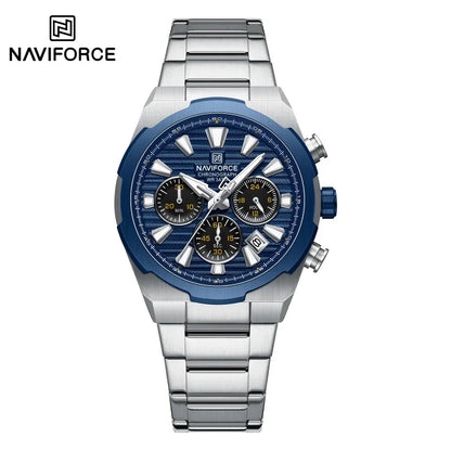 NAVIFORCE Men's Quartz Watch Multifunctional Calendar Stopwatch Luminous 30ATM Waterproof Stainless Steel Band Wristwatch
