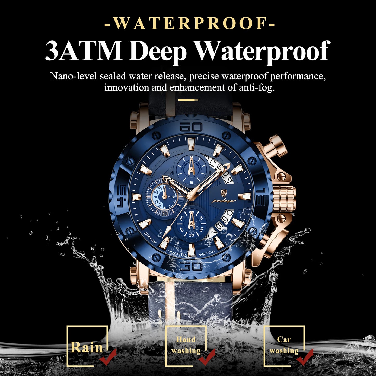 POEDAGAR Original Watches For Man Waterproof Luminous Date Fashion Male Clock Chronograph Leather Quartz Sports Men's Wristwatch