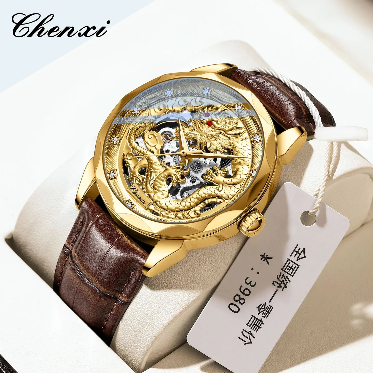 CHENXI 8899 Chinese Nation Culture and Art 3D Embossed Dragon Pattern Gold Automatic Mechanical Stainless Steel Watches for Men