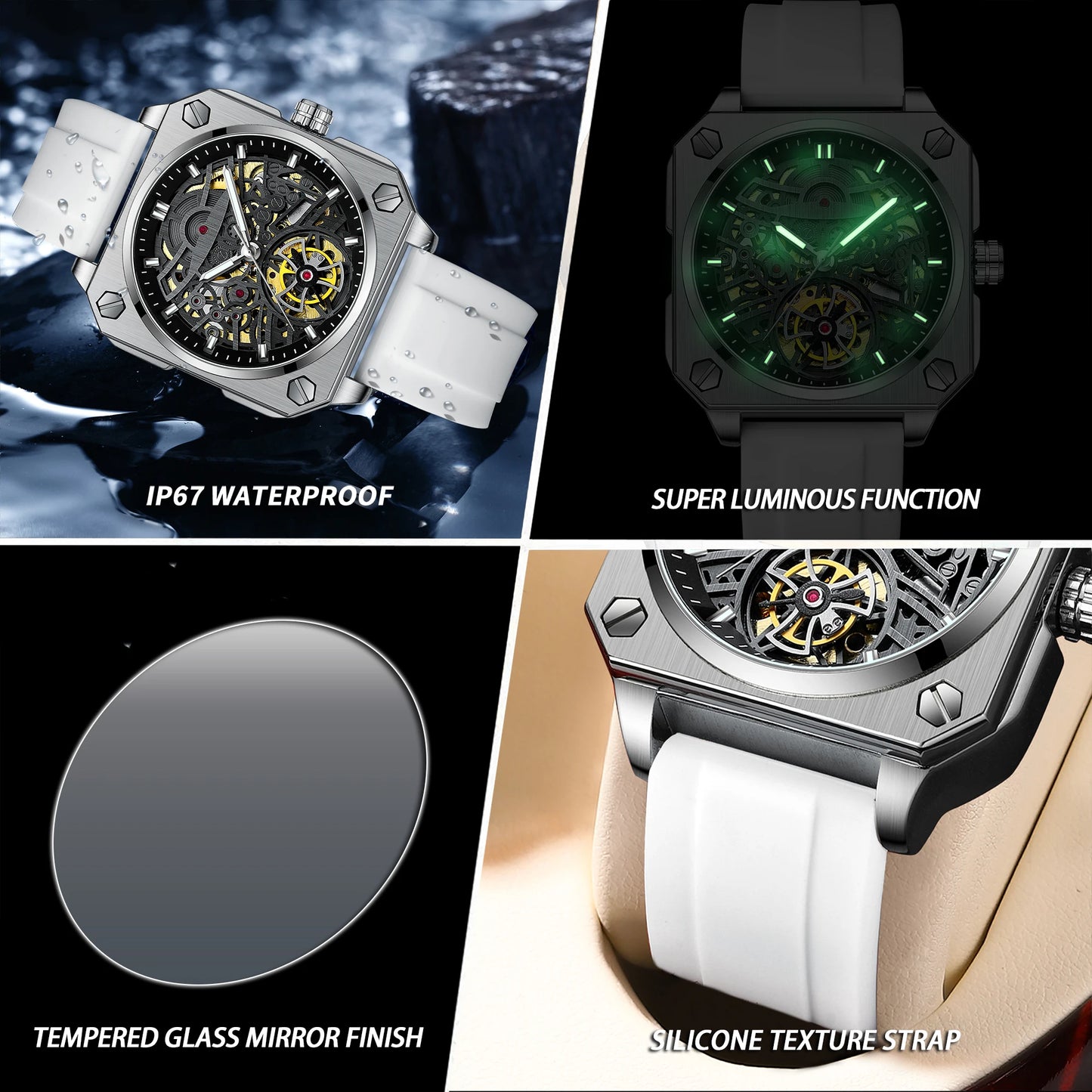 BINBOND mechanical wristwatches for men luxury luminous waterproof automatic accurate tourbillon men's watch skeleton reloj