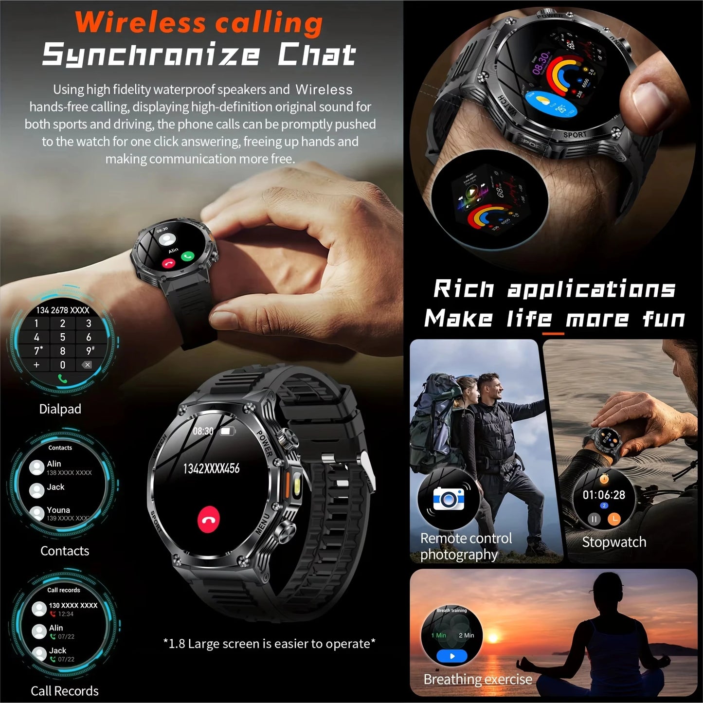 New Rugged Outdoor Sports Smartwatch 1.8" 390*390HD screen 800mAh Long Battery Life Fitness Tracker Calorie Distance Smart Watch