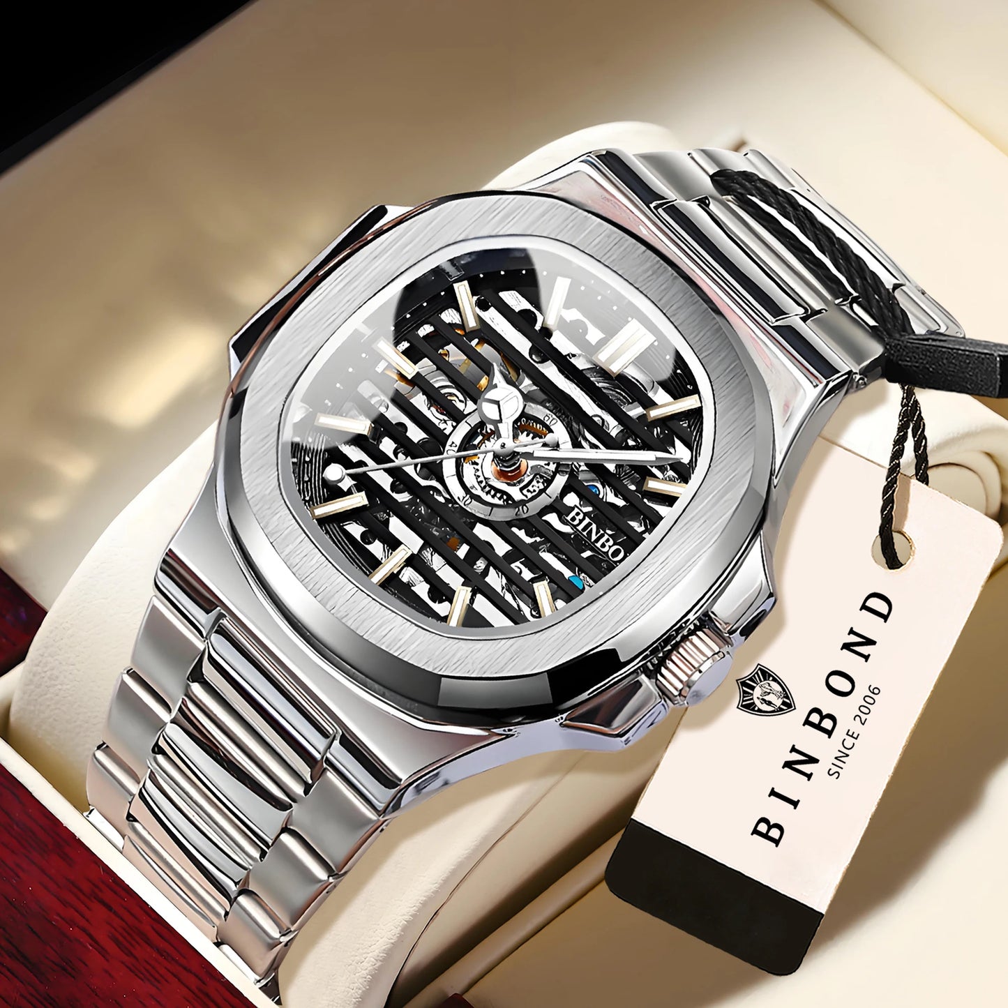 BINBOND  automatic tourbillon precise men's watch mechanical wristwatches for men luxury luminous waterproof skeleton reloj