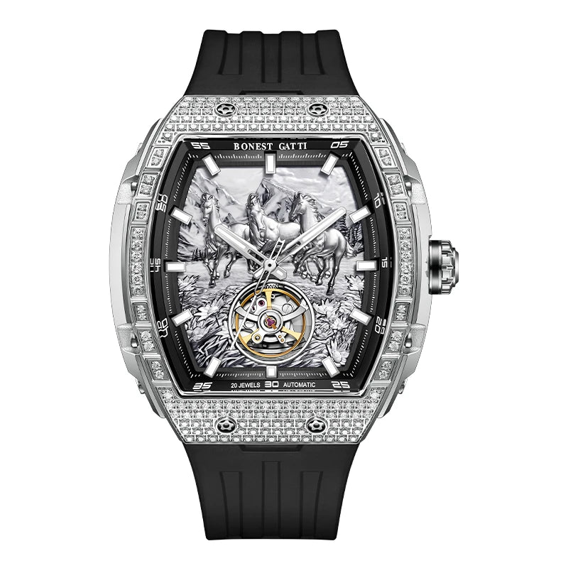 BONEST GATTI Mens German Automatic Mechanical Watch Waterproof Luminous Silicone Strap Business Fashion Men's Chronograph Watch