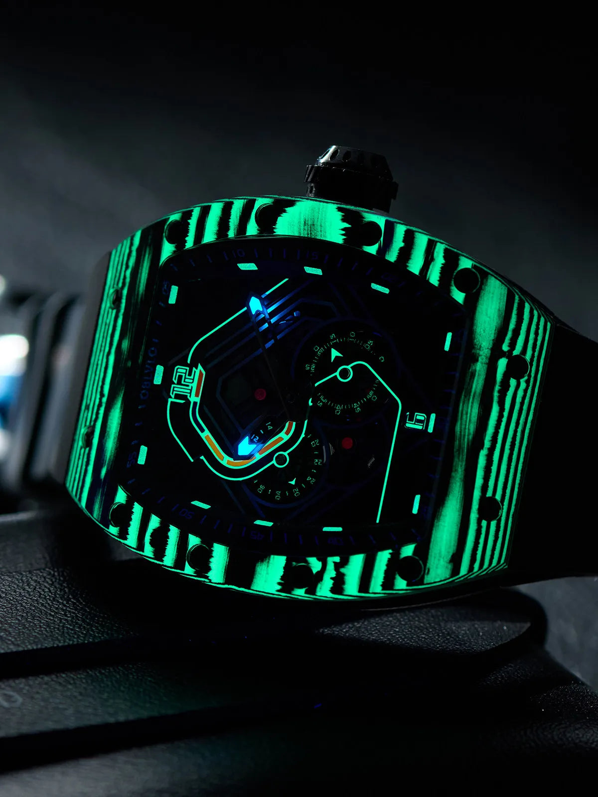 OBLVLO Men Automatic Watch 43mm Mechanical Tonneau Case Wristwatch Skeleton Racing Dial 50M Waterproof Luminous Miyota 82S7