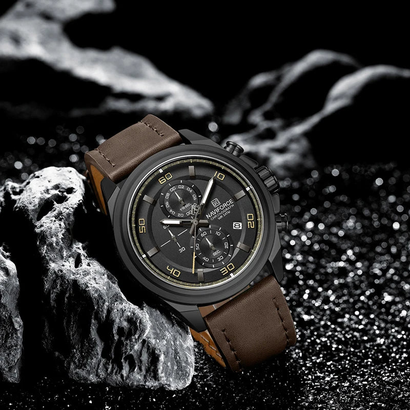 NAVIFROCE Business Casual Mens Watch 3ATM Water-Resistant Calendar Luminous Dial With Leather Strap For Gifts Original Design