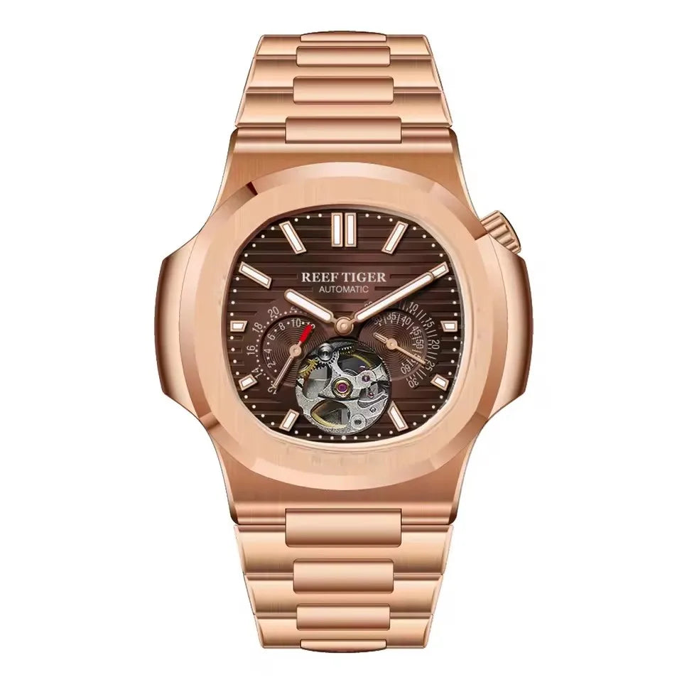 Reef Tiger Men Automatic Watch Luxury 44mm Square Mechanical Wristwatch Sapphire Luminous Skeleton Dial Date 24 Hours