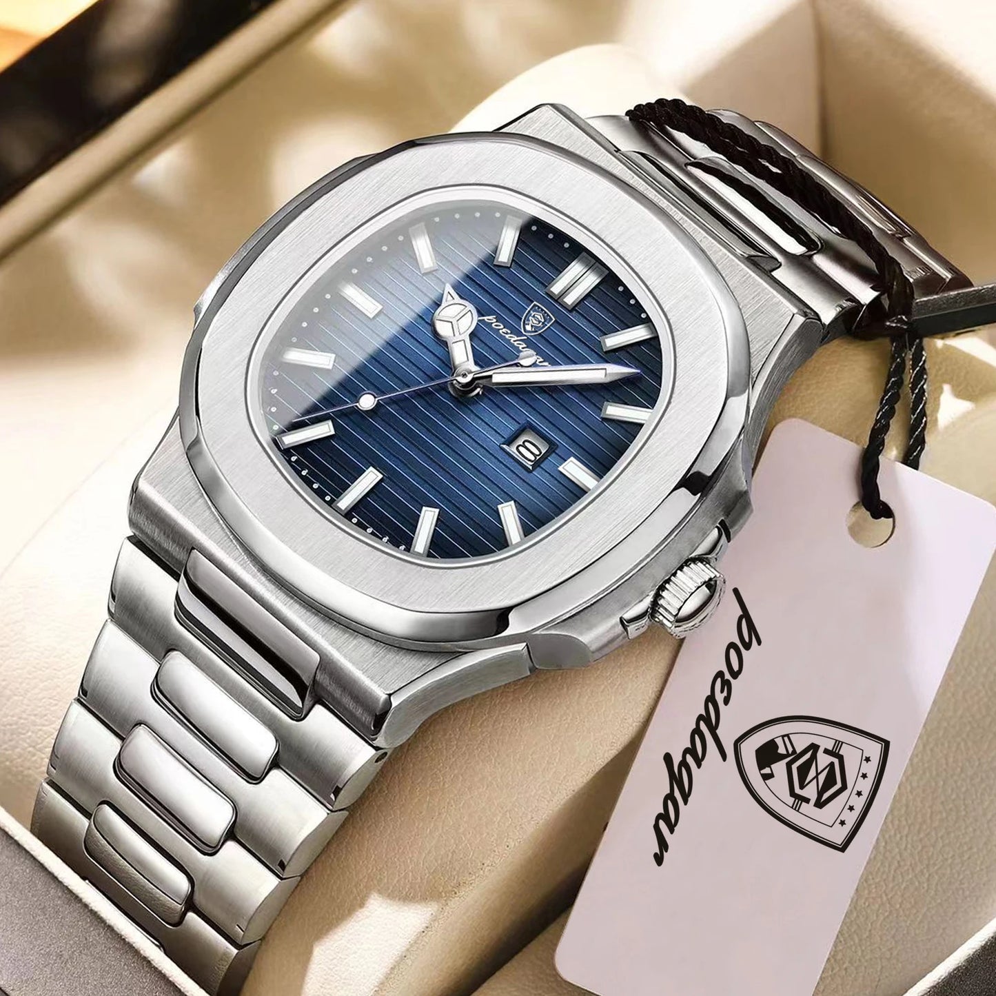 POEDAGAR Square Luxury Men Wristwatch Waterproof Luminous Date Stainless Steel Male Clock Business Sports Quartz Watches For Me