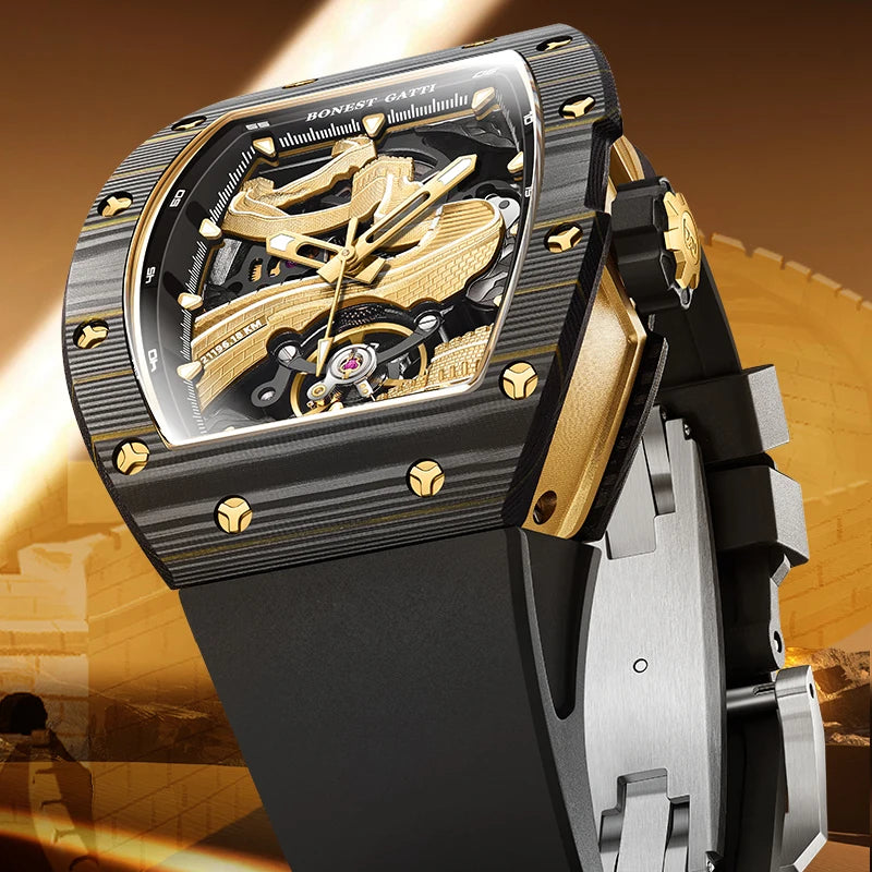 BONEST GATTI Men Automatic Watch 51mm Tonneau Mechanical Wristwatch Carbon Fiber Sapphire Mirror Luminous Great Wall Dial