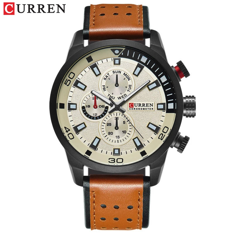CURREN 8250 Men's Waterproof Casual Three-Hand Watch Business Leather Breathable Strap Wristwatch
