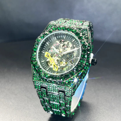 Automatic Watch For Men Luxury Full Green Ice Out Business Tourbillon Watches Bling Diamond Gold Male Mechanical Wristwatch