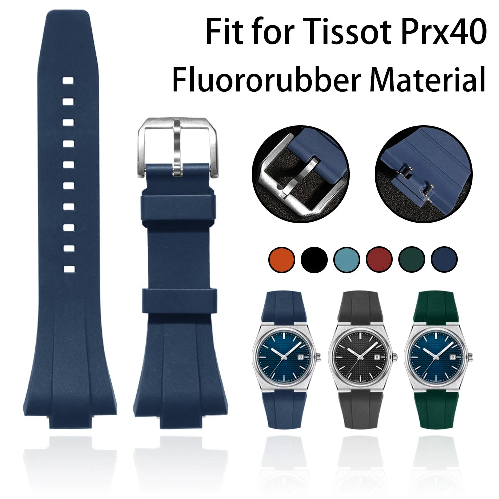 Perfect Fit For Tissot PRX 40 FKM Rubber Strap with Silver Pin Clasp - 12mm for Powermatic 80 (Unisex) Watch Bands