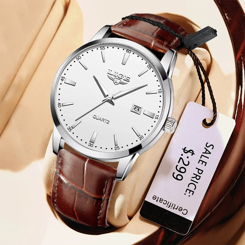 LIGE  Watch Fashion Leather Strap Mens Watches Military Quartz Wristwatches