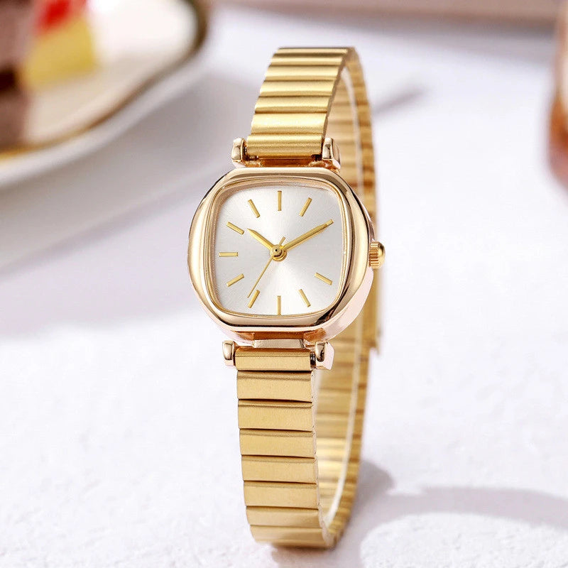 Women Quartz Watch Gold Color Square Dial Simple Adjustable Stainless Steel Strap for Ladies