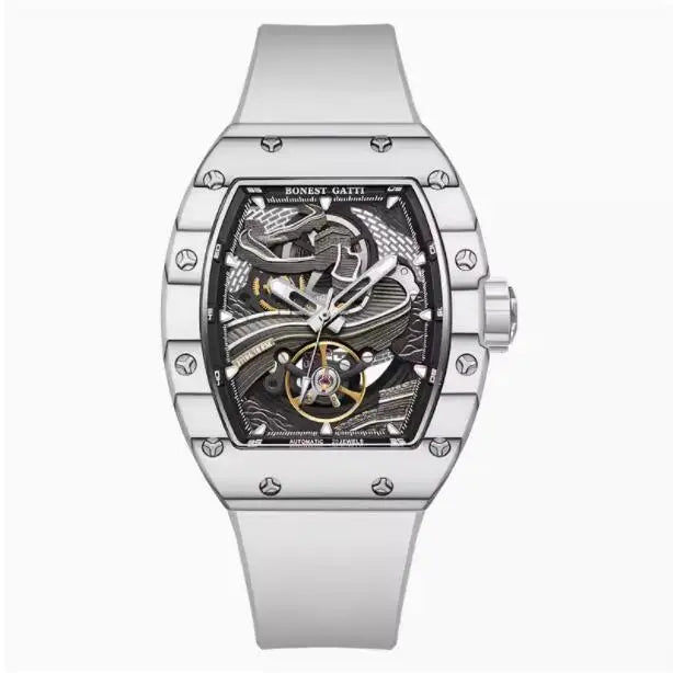 BONEST GATTI Men Automatic Watch 51mm Tonneau Mechanical Wristwatch Carbon Fiber Sapphire Mirror Luminous Great Wall Dial