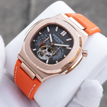Reef Tiger Men Automatic Watch Luxury 44mm Square Mechanical Wristwatch Sapphire Luminous Skeleton Dial Date 24 Hours