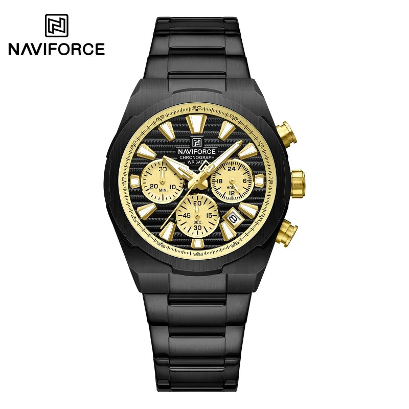 NAVIFORCE Men's Quartz Watch Multifunctional Calendar Stopwatch Luminous 30ATM Waterproof Stainless Steel Band Wristwatch