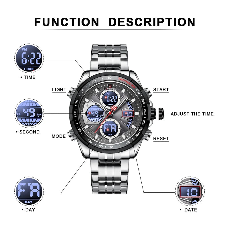 NAVIFORCE Men's Quartz Watches New Dual Display 30m Waterproof Sports Wrist Watch Stainless Steel Casual Clock Relogio Masculino