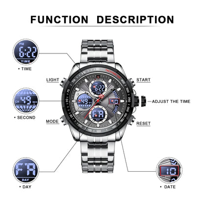 NAVIFORCE Men's Quartz Watches New Dual Display 30m Waterproof Sports Wrist Watch Stainless Steel Casual Clock Relogio Masculino