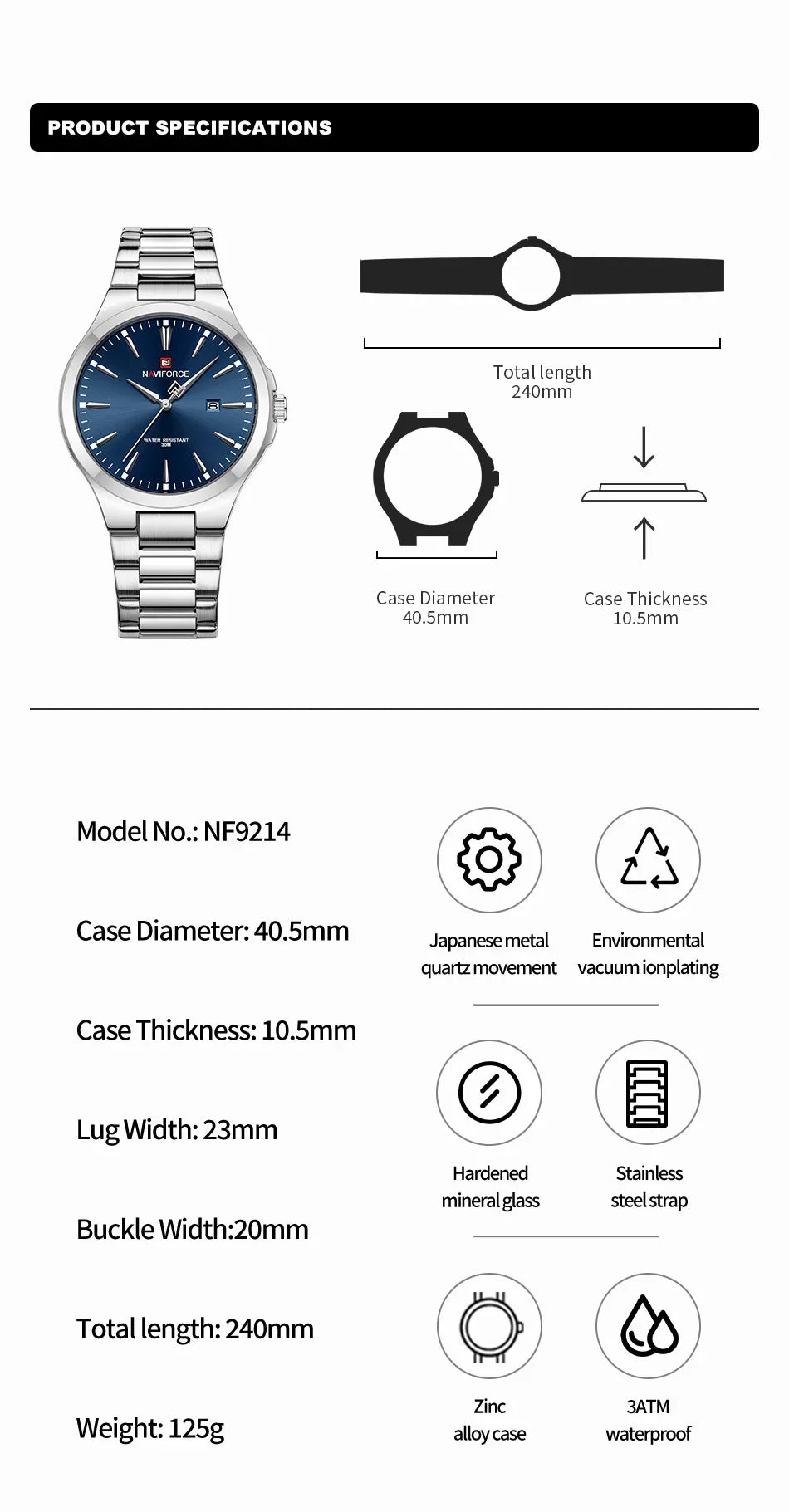 NAVIFORCE NF9214 Original Design Fashion Men's Watches Stainless Steel Simple Calendar Male Waterproof Relogio Masculino