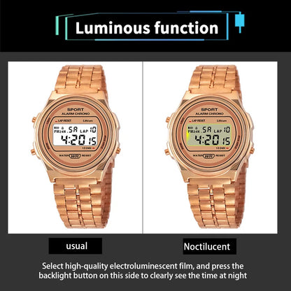 Women Casual LED Electronic Watch Retro Stainless Steel Strap Ladies LED Digital Watch Multifunction Sports Wristwatch Clock