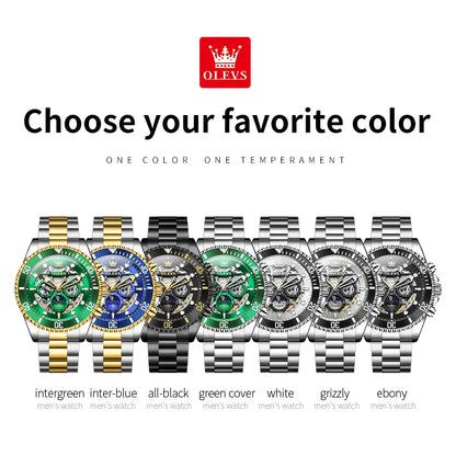 OLEVS 6715 Men's Watch Hollow Date Automatic Mechanical Watch For Men 43mm Big Dial Moon Phase Fashion Waterproof Man Wristwatch
