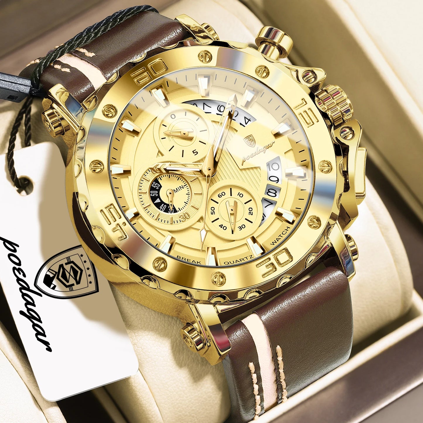 POEDAGAR Original Watches For Man Waterproof Luminous Date Fashion Male Clock Chronograph Leather Quartz Sports Men's Wristwatch