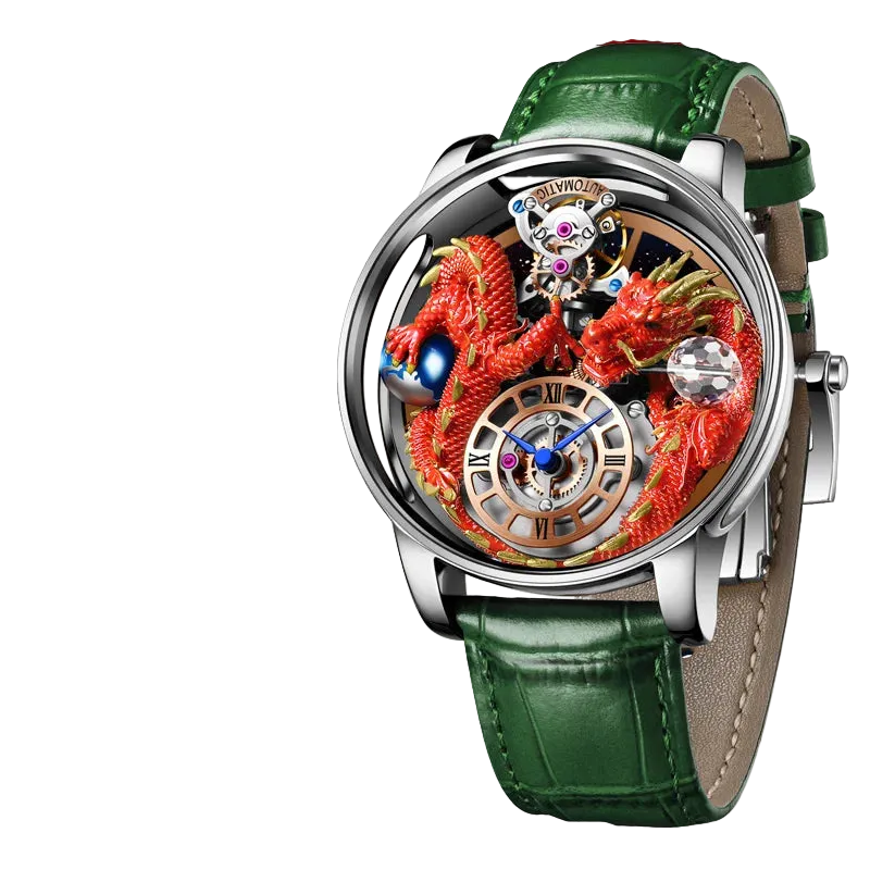 Luxury watch with green leather strap and dragon design, featuring Pindu brand.