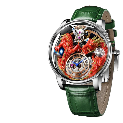 Luxury watch with green leather strap and dragon design, featuring Pindu brand.