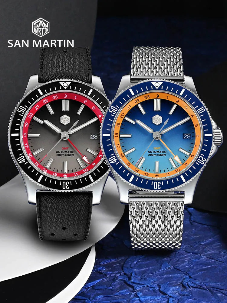Two watches by San Martin on a dark background