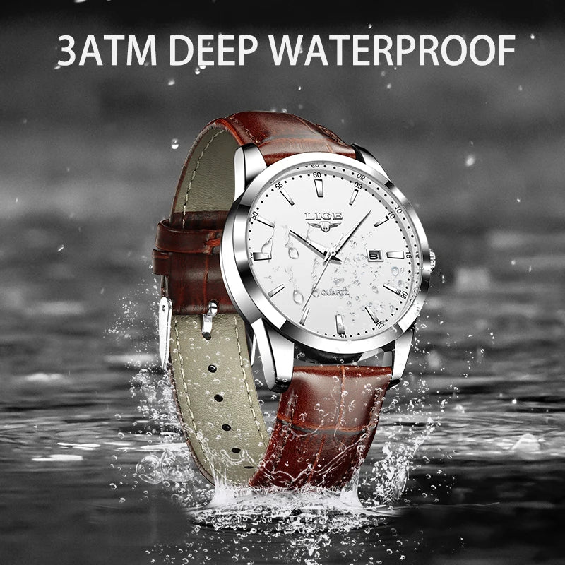 Watch with brown leather strap and silver case, water splashing around it, on a dark background with '3ATM DEEP WATERPROOF' text.