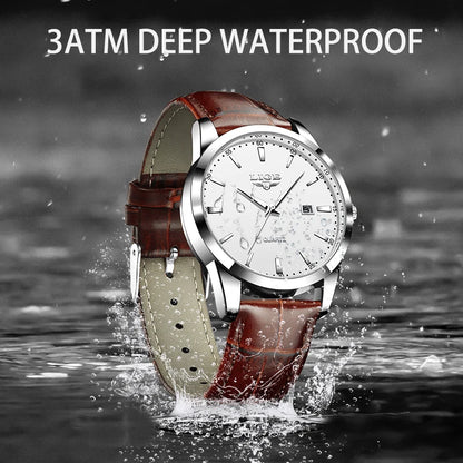 Watch with brown leather strap and silver case, water splashing around it, on a dark background with '3ATM DEEP WATERPROOF' text.