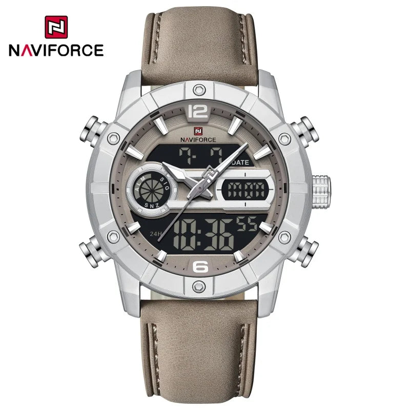 NAVIFORCE NF9263 Waterproof Watch Luminous Display Genuine Leather Strap Multi-Function Chronograph Countdown Timer Alarm NF9263