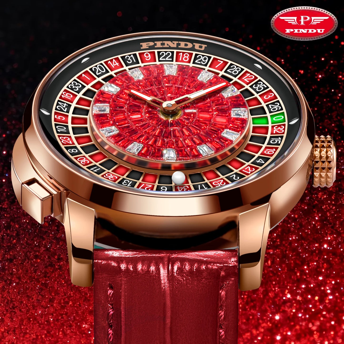 NEW PINDU Design Button Rotating Red Diamond Dial Mechanical Watch Men NH35 Movement Stainless Steel Top Luxury Automatic Watch