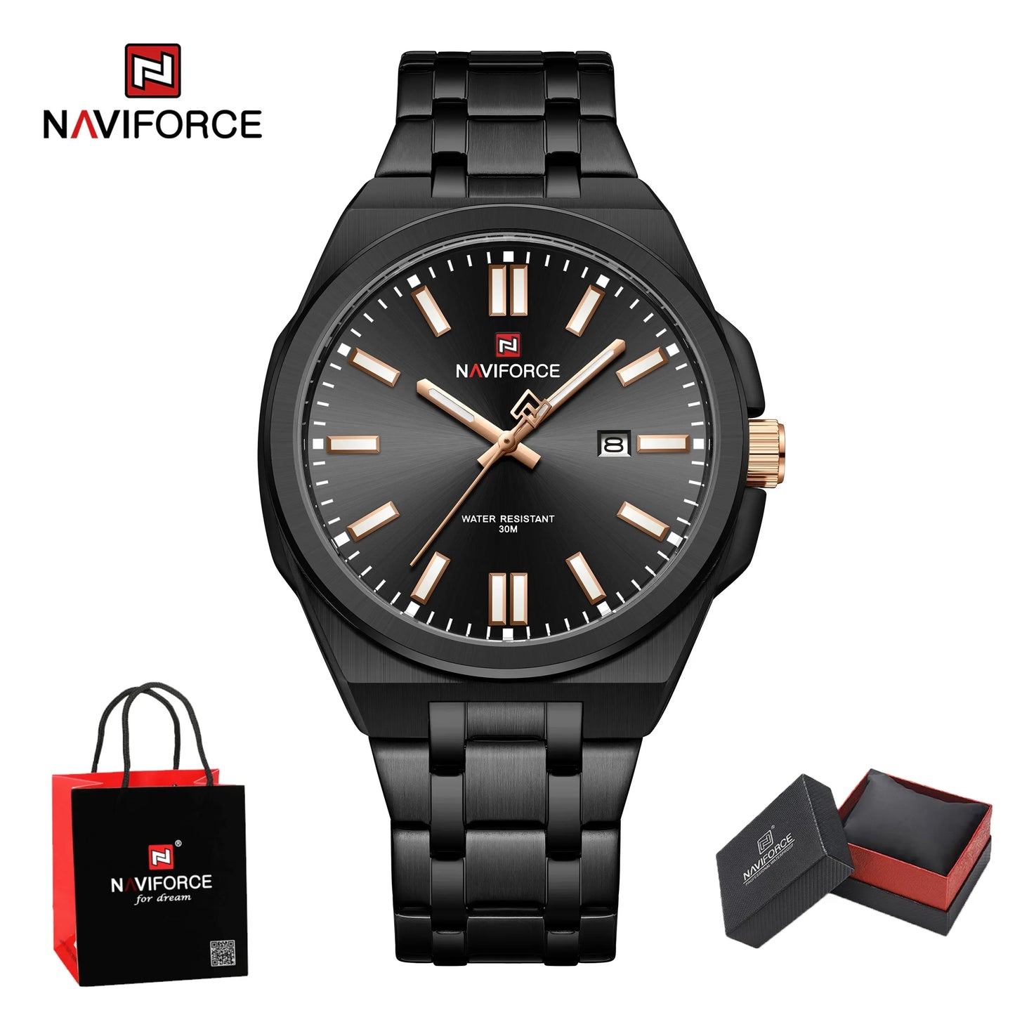 Top NAVIFORCE Men's Luxury Business Quartz Watch Luminous Steel Band Waterproof with Calendar Male Wristwatch Gift Reloj Hombre