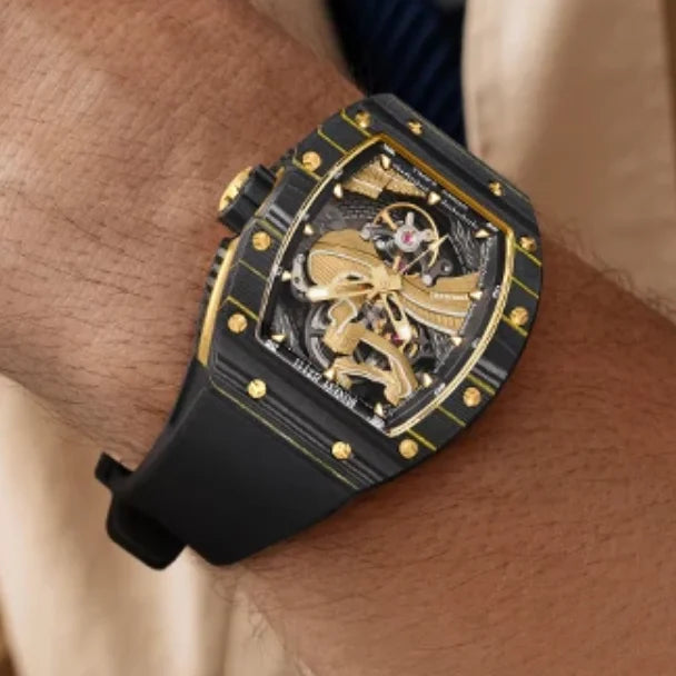 BONEST GATTI Men Automatic Watch 51mm Tonneau Mechanical Wristwatch Carbon Fiber Sapphire Mirror Luminous Great Wall Dial