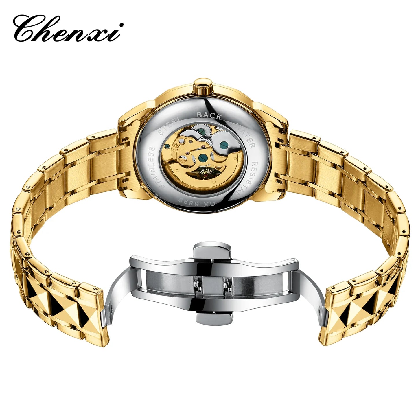 CHENXI 8899 Chinese Nation Culture and Art 3D Embossed Dragon Pattern Gold Automatic Mechanical Stainless Steel Watches for Men