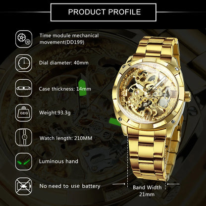 Forsining Gold Mens Watches Top Brand Luxury Skeleton Automatic Mechanical Watch for Men Stainless Steel Band Fashion Wristwatch