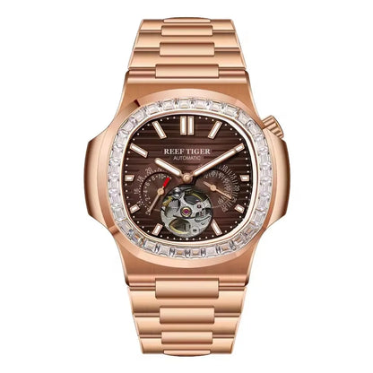 Reef Tiger Men Automatic Watch Luxury 44mm Square Mechanical Wristwatch Sapphire Luminous Skeleton Dial Date 24 Hours
