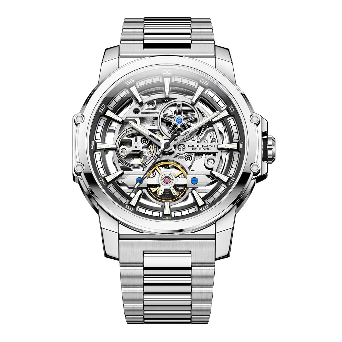 ABORNI 9039 Unique Design Skeleton Dial Tourbillon Men Watch Stainless Steel Waterproof Luxury Automatic Mechanical Men's Watch