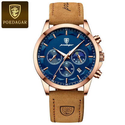 POEDAGAR Original Military Men Clock Waterproof Luminous Leather Quartz Man Watch Chronograph Date Luxury Business Men's Watches