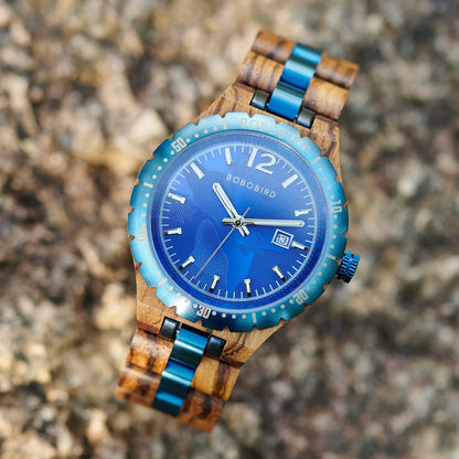 BOBOBIRD 2025 New Design Wooden Quartz Watch for Men Natural Wood Blue 43mm Dial Automatic Date Wristwatch Male for Men's gift