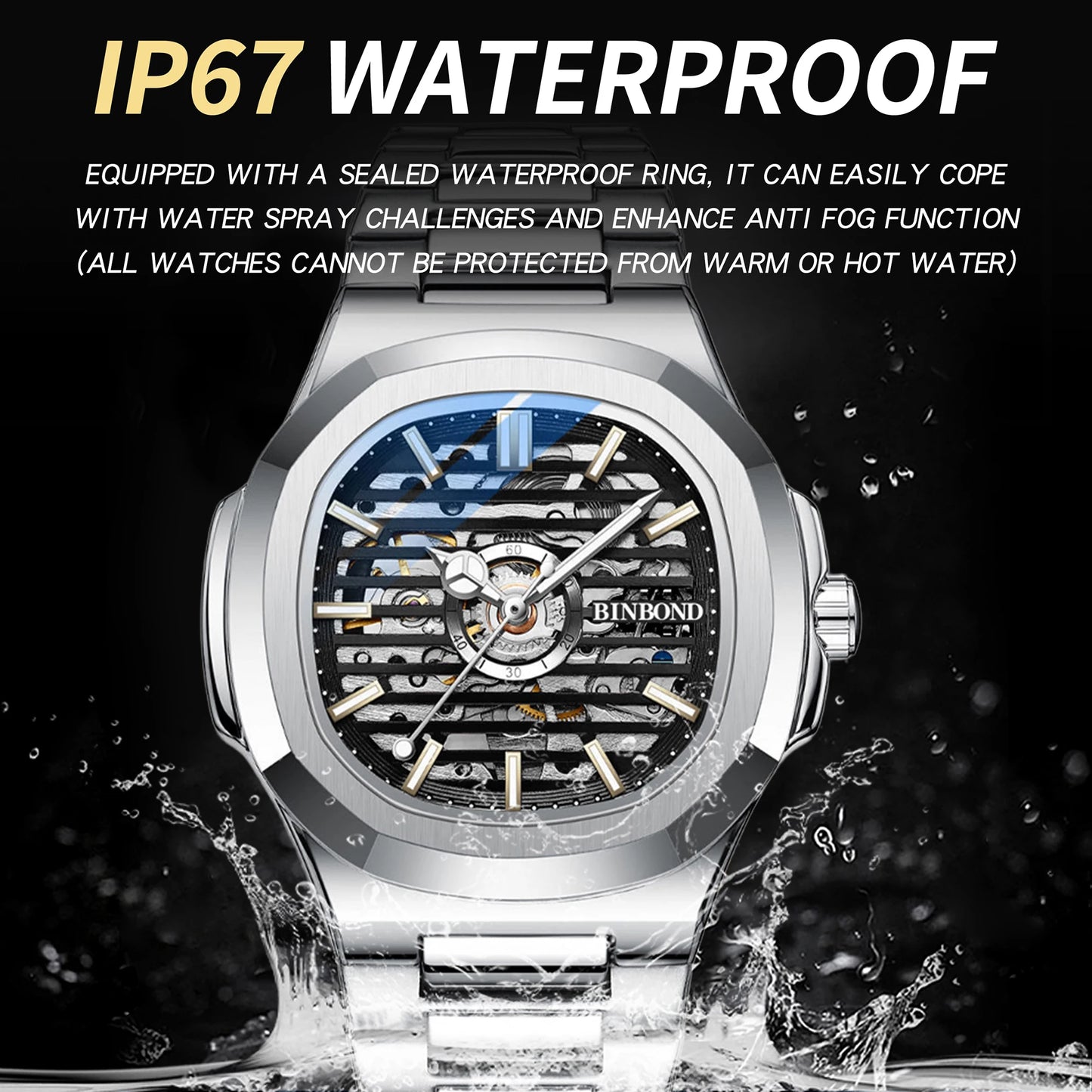 BINBOND  automatic tourbillon precise men's watch mechanical wristwatches for men luxury luminous waterproof skeleton reloj