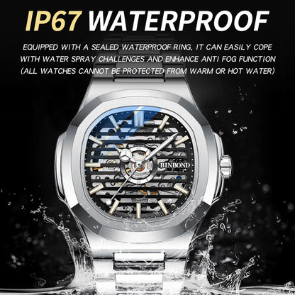 BINBOND  automatic tourbillon precise men's watch mechanical wristwatches for men luxury luminous waterproof skeleton reloj