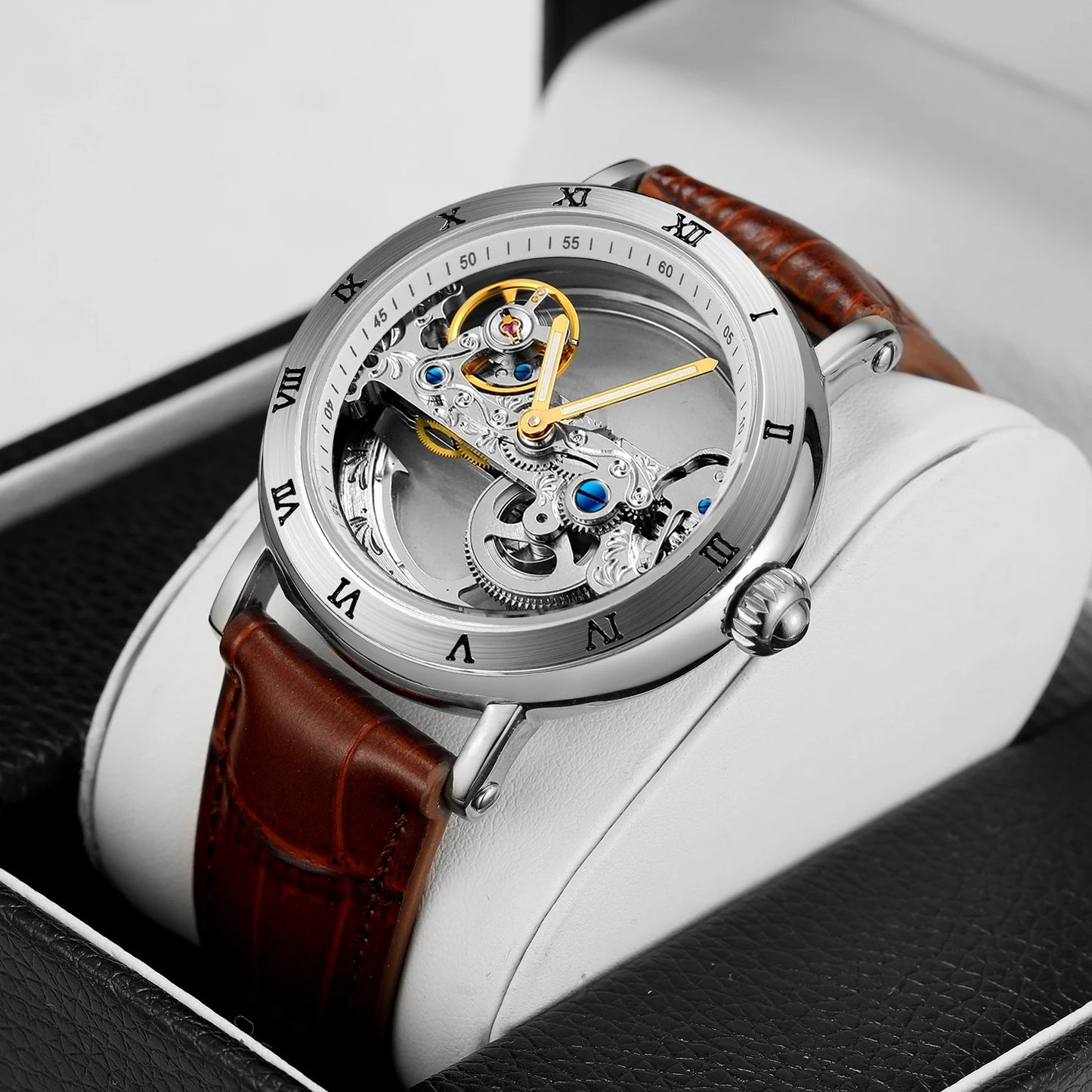 Forsining Luxury Skeleton Automatic Mechanical Watch for Men Golden Bridge Dial Steel Leather Strap Business Mens Watches Gifts