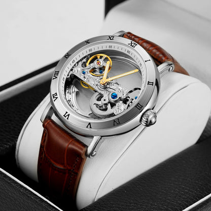 Forsining Luxury Skeleton Automatic Mechanical Watch for Men Golden Bridge Dial Steel Leather Strap Business Mens Watches Gifts