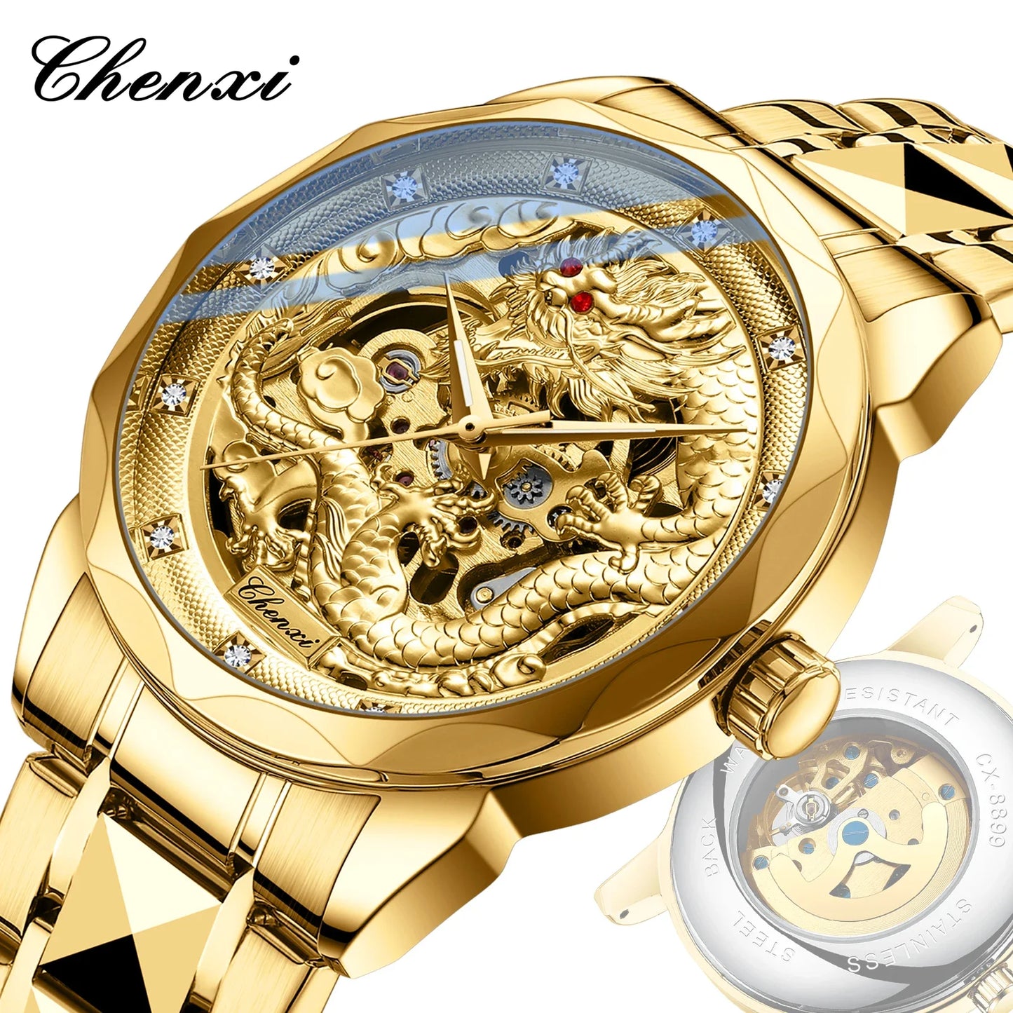 CHENXI 8899 Chinese Nation Culture and Art 3D Embossed Dragon Pattern Gold Automatic Mechanical Stainless Steel Watches for Men